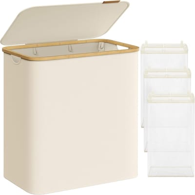 FurnStar - Wasmand met deksel - Wasverzamelaar met 3 vakken - 150 Lt - Uitneembare waszak - Oxford-weefsel - Handgrepen van bamboe - Inklapbaar - 60 x 38,5 x 70,5 cm - cremewit
