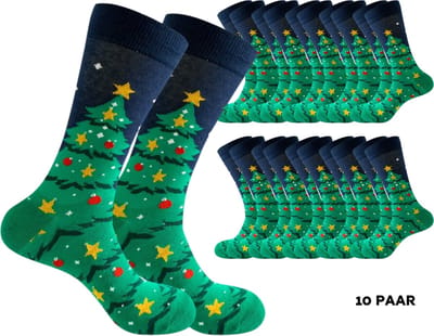 10 paar Kerstsokken met kerstboom met rode ballen en gouden sterren - Sokken heren/dames maat 40-45 - grappig design kerstcadeau - Groepscadeau