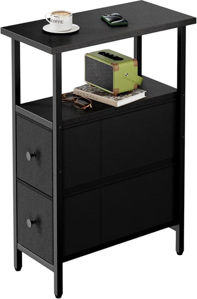 Famanu – Smalle bijzettafel, nachtkastje voor kleine ruimtes, met open planken en 2 stoffen lades, vintage uitstraling, zwart