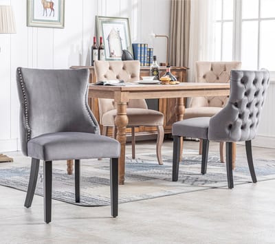 Sweiko Eetkamerstoel, 4-voetige kruk, Grijs fluwelen eetkamerstoel met knoopstiksels, massief houten frame, Grijs (set, 4-delig)