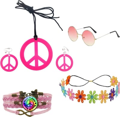 Hippie kostuumset met accessoires voor mannen en vrouwen, 60s 70s outfit, kettingen, brillen, hoofddeksels, armbanden en flower power kleding