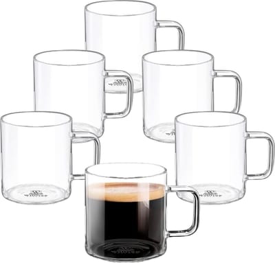 Wilmax Theeglazen en koffieglazen met handvat, set van 6, 200 ml, glazen voor warme en koude dranken, koffiemok, glühweingglazen, sapglazen, waterglazen, glazen kopjes, vaatwasmachinebestendig
