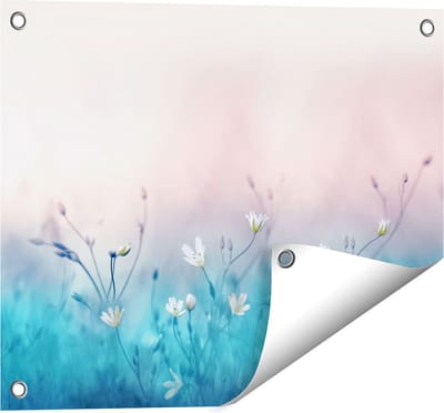 Gards Tuinposter Witte Bloemen op een Blauw Achtergrond - 50x40 cm - Tuindoek - Tuindecoratie - Wanddecoratie buiten - Tuinschilderij