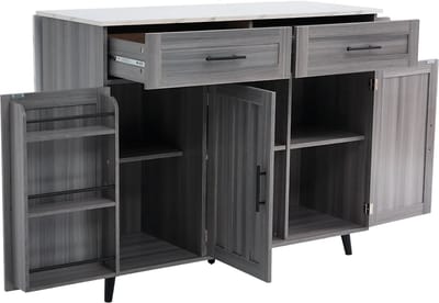 Eetkar - Keukenkast - Dinerdressoir - Aanrecht - Voor Keuken of Eetkamer - Uitschuifbaar & Stijlvol Opbergen - Wit Marmer & Kaki Grijs Hout