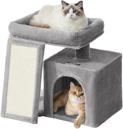 Geargalaxy Krabpaal - Kattenboom - Krabmeubel - Kattentoren - Kattenhuis - Krabpaal met hol & platform - 51x39,2x46,4cm - Grijs