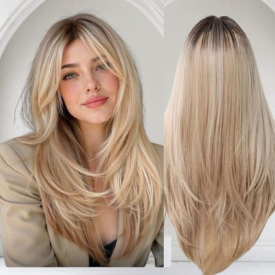 Frazimashop- Ombre Blonde Pruik met pony - Dames Lang steil Haar - Haarwerk - Haarstuk - Hittebestendige- Verstelbaar- wasbaar