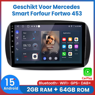 Awesafe Autoradio - Geschikt Voor Smart Forfour Fortwo 453 2015 t/m 2022 - Apple Carplay & Android Auto (Draadloos) - Android 15.0 - Ram 2GB + Rom 64GB - Radio Scherm - GPS Navigatiesysteem - Bluetooth & Wifi - 2015 2016 2017 2018 2019 2020 2021 2022