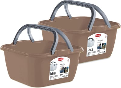 Stefanplast Wasmand/draagmand/teil met hengsel - 2x - kunststof - 13 Liter - cappuccino - 35 x 35 x 18 cm - Schoonmaak/huishoud teilen