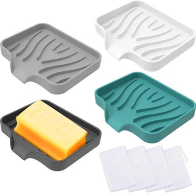 Praktisch zeepbakje met afvoer voor badkamer en keuken, 4 stuks, inclusief zeepzakje, ideaal voor wastafel en douche (zwart/wit/grijs/grijsgroen)