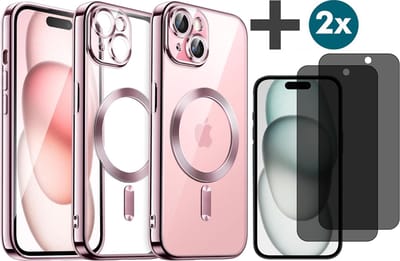 Hoesje met Privacy Screenprotectors 2 Stuks Geschikt voor iphone 15 Hoesje - Geschikt voor MagSafe - Arara siliconen Backcover - Rosegoud