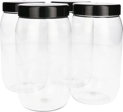 4 x Ronde Pot 1000ml PET Kunststof - Transparant met Schroefdeksel Zwart- PET Kunststof BPA-vrij - Plastic Verzamel potten Navulbaar - Met Dop - Lege Potten - 4 stuks