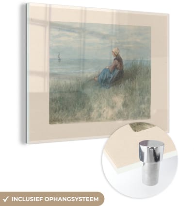 ® Glasschilderij 160x120 cm - Schilderij acrylglas - Een vrouw zit op een duin naar zee te kijken - Schilderij van Jozef Israëls - Foto op glas - Muurdecoratie woonkamer - Wanddecoratie slaapkamer - Schilderijen