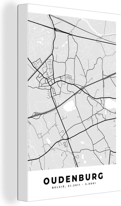 Canvas Schilderij Stadskaart – Zwart Wit - Kaart – Oudenburg – België – Plattegrond - 20x30 cm - Wanddecoratie