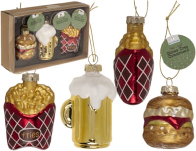 Ootb Glazen kerstballen - Fastfood set – Burger, Frietjes & Bierglas – 8 cm – 3 stuks