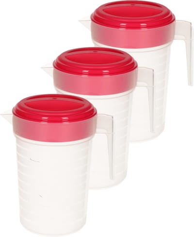 Plasticforte Waterkan met deksel - 3x stuks - 1 liter - fuchsia roze/ transparant - kunststof - schenkkan karaf