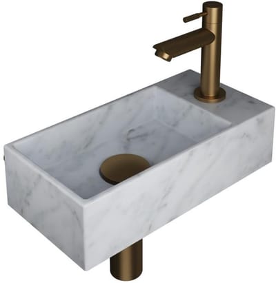 INK - Fonteinpack Marmer Rechts incl. Fonteinkraan - Design Sifon - Design Plug en Montageset - 360x180x90 Mm - Mat Wit Marmer/brushed Mat Goud