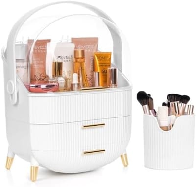 PromoHome Witte 3-Laagse Make-up Opslag Organizer met Kwasten Houder - Draaibaar Handvat, Transparant Deksel - Waterdichte Cosmetica Opbergdoos voor Reizen en Thuisgebruik