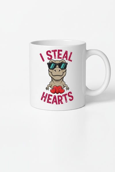 Dino Mok 'I Steal Hearts' - Grappige Valentijnsdag Koffiemok met Dinosaurus & Hartjes | Uniek Cadeau