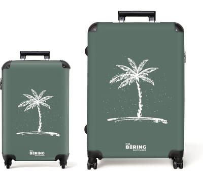 NoBoringSuitcases.com® - Kofferset 2 delig - Koffer lichtgewicht - Groen met witte palmboom - Reiskoffer set met 4 wielen - Handbagage trolley - Middelgrote rolkoffer - Ruimbagage koffer - Koffers met TSA slot