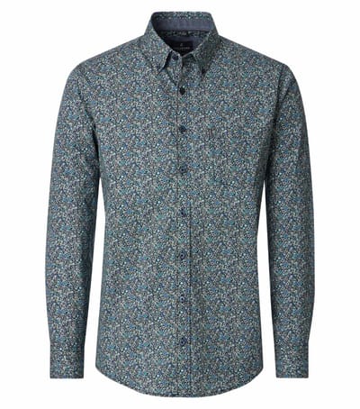 CASA MODA Sport casual fit overhemd - popeline - wit met groen en blauw dessin - Strijkvriendelijk - Boordmaat: 39 - 40