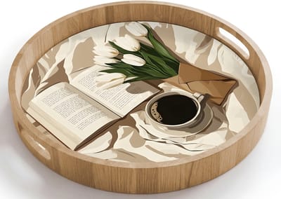 Dienblad rond 40x40 cm - Schootdienblad hout - Boek - Illustratie - Tulpen - Koffie - Borrelplank rechthoek - Plateau houten dienbladen