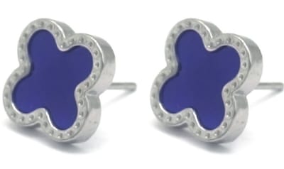 Oorbellen met Klaver - Oorknoppen - RVS - 11 mm - Zilverkleurig en Blauw