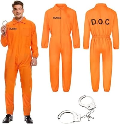 Solidchoice- Gevangenkostuum voor Heren - Oranje Gevangenisjurk - Handboeien - Cosplay - Kostuum Volwassenen - Duurzaam Polyester