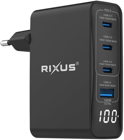 Rixus 4Port fast charging wall adapter - 100W GaN Power Adapter With Digital Display Black - RX100 - Designed for Smartphones & Tablets