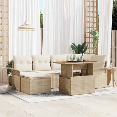 vidaXL - Tuinbank - Set - met - kussen - 7 - pcs - Beige - en - Crème - poly - rattan