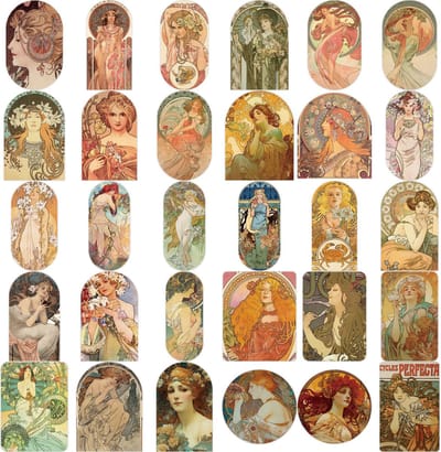 60 kleine Alfons Mucha stickers - 3,5x5,5CM - Kunststickers voor laptop, journal, deur, agenda etc.
