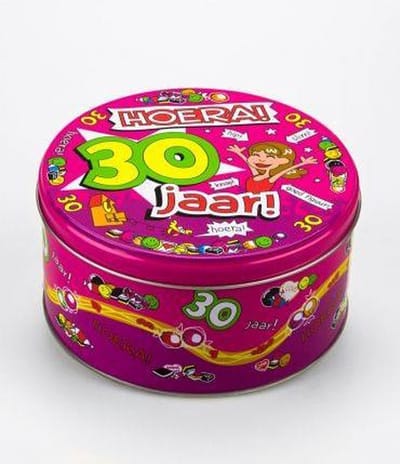 Drop - Snoeptrommel - 30 jaar Vrouw - Gevuld met Drop - In cadeauverpakking met gekleurd lint