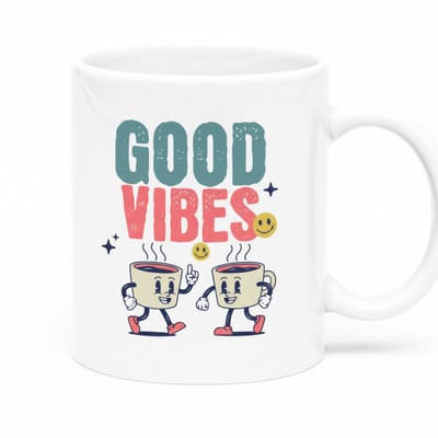 Good Vibes Cartoon Mok 330ml – Witte Schattige Koffiemok met Smiley en Retro Bekertjes Characters