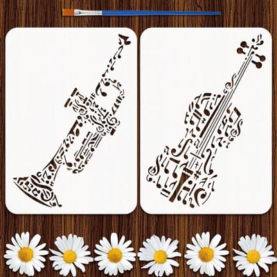 2 Stuks Herbruikbare Schilderstencils voor Muziekinstrumenten met Penseel - Sjablonen voor Viool, Trompet en Muzieknotenschema's - Creatief Schilderen en DIY Projecten 21x29.7cm