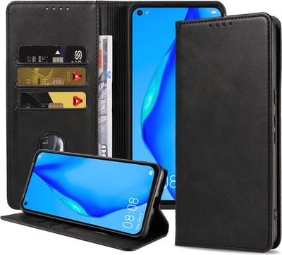 Smartphonica Telefoonhoesje geschikt voor Huawei P40 Lite kunstleren Hoesje met Magnetische sluiting en Pasjeshouders Book Case met Klepje - Zwart geschikt voor Huawei P40 Lite