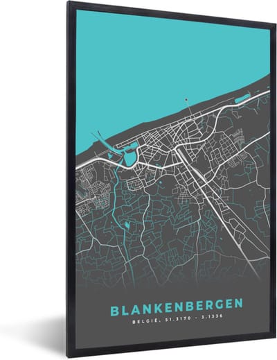 Fotolijst incl. Poster - België – Blankenbergen – Stadskaart – Kaart – Blauw – Plattegrond - 40x60 cm - Posterlijst