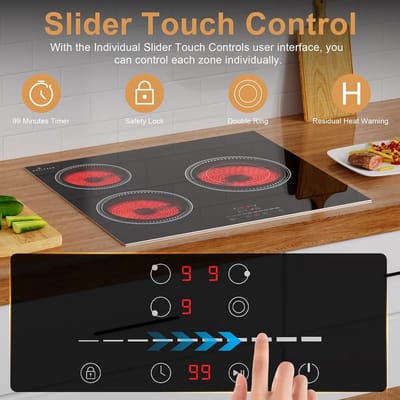 Inbouw Keramische Kookplaat 60 cm met 3 Zones en Slider Touch Controle - 5200W