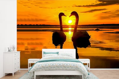 Behang - Fotobehang Zwanen - Zonsondergang - vogel - Oranje - Water - Breedte 390 cm x hoogte 260 cm