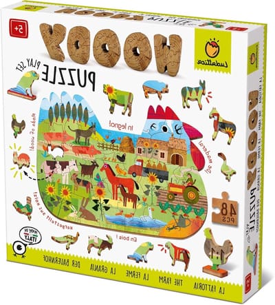 Houten Boerderij Puzzel - Kinderpuzzel Boerderij - Logisch Denken Ontwikkelen - Twaalf Dierfiguren Inbegrepen - 33 x 24 cm - Multicolor