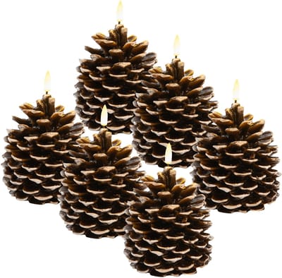 Anna's Collection LED dennenappel kaars - 6x - bruin - 12.5 x 10.5 cm - met timer