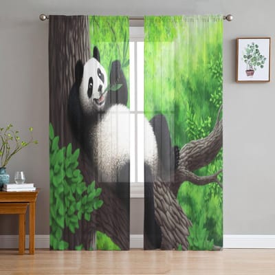 Panda Groen Bos Bamboe Schattige Tule Transparante Gordijnen Voor Woonkamer Slaapkamer Keuken Voor Ramen Voile Gordijnen Huisdecoratie 135W x 114H(cm) black