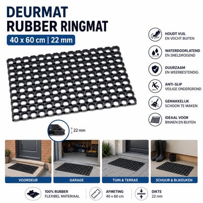 Wicotex - Deurmat - Rubber - Ringmat - Schoonloopmat 22mm - Afmeting 40x60cm - Kleur Zwart