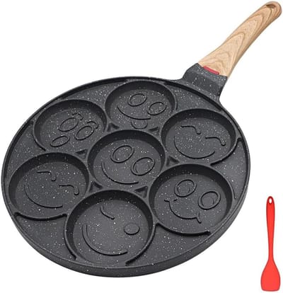 Pannenkoekenpan 7 Holtes - Smiley Pan - Ontbijt Maken - Anti-aanbaklaag - 26 cm - Zwart