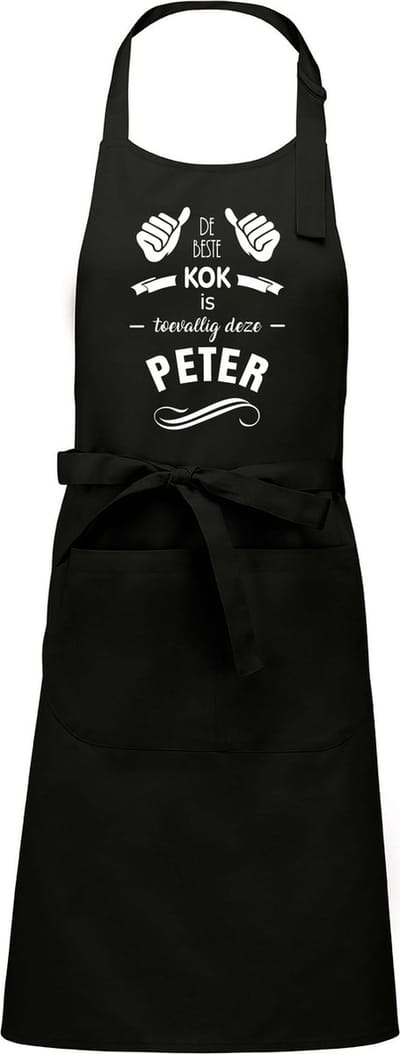 Cadeauschort - Tekstschort - Keukenschort met je naam - BBQ schort - verjaardag - vaderdag - De beste kok is toevallig deze Peter - zwart