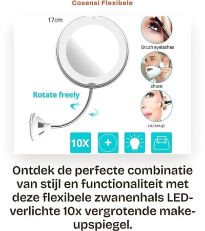 Dailygoods - Flexibele Zwanenhals - 10x Vergrotende Make-upspiegel - Met LED-verlichting - Wit - Zuignap Make-upspiegel - Geschikt voor Thuis en Reize...