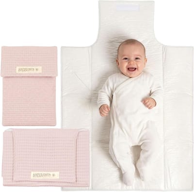 MIMUSELINA: Verpakking van 2 stuks: aankleedkussen + luiertas, draagbare aankleedmat voor baby's met luiers, opslag van stoffen luiers en waterdichte onderlegger (wafelroze)