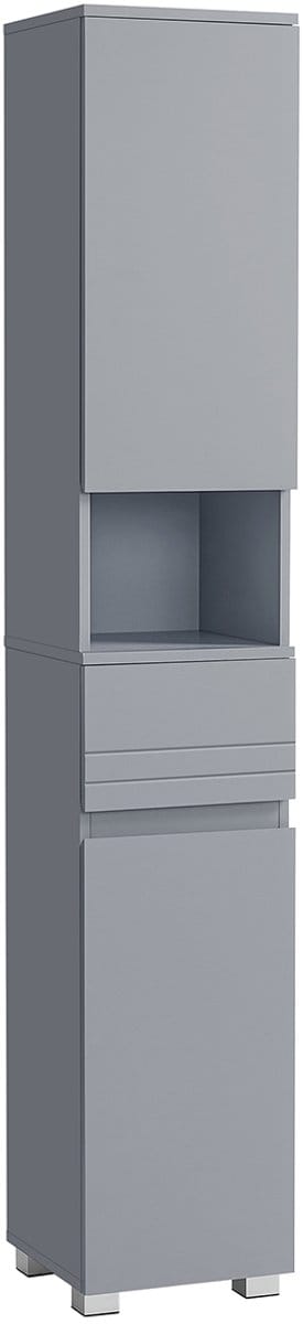 Furnstar Badkamerkast Vrijstaand – Badkamermeubel met Lade, Open Vak en Verstelbare Planken – 30 x 30 x 170 cm – Mystiek Grijs
