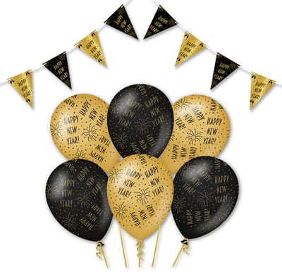 Q2P - Happy New Year - Slingers - Ballonnen - Zwart & Goud Set - Feest Versiering - Helium Ballon