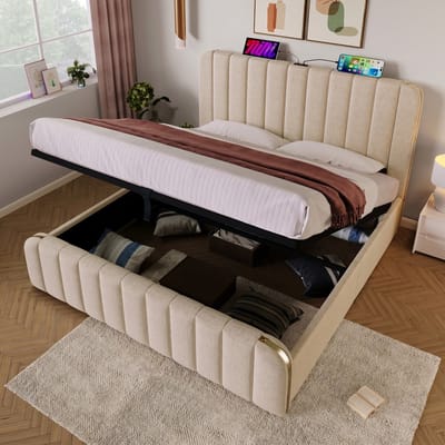 VVBV Gestoffeerd Opbergbed 180x200 cm - USB-C, Hydraulische Opbergruimte, Lattenbodem, Linnen, Massief Hout, Zonder Matras