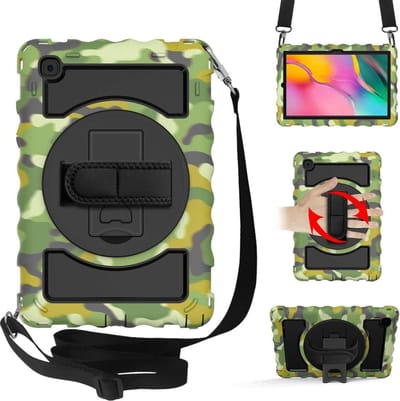 Hoes Geschikt voor Samsung Galaxy Tab A7 Hoes Kids Case - 10.4 - (2020/2022) - Robuuste Hybridee Armor met Handband - Camouflage Groen