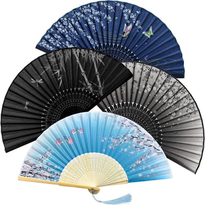 Set van 4 Traditionele Chinese Vouwfans – Handgemaakte Stoffen en Bamboe Ventilatoren met Kwastje voor Verfrissing en Decoratie